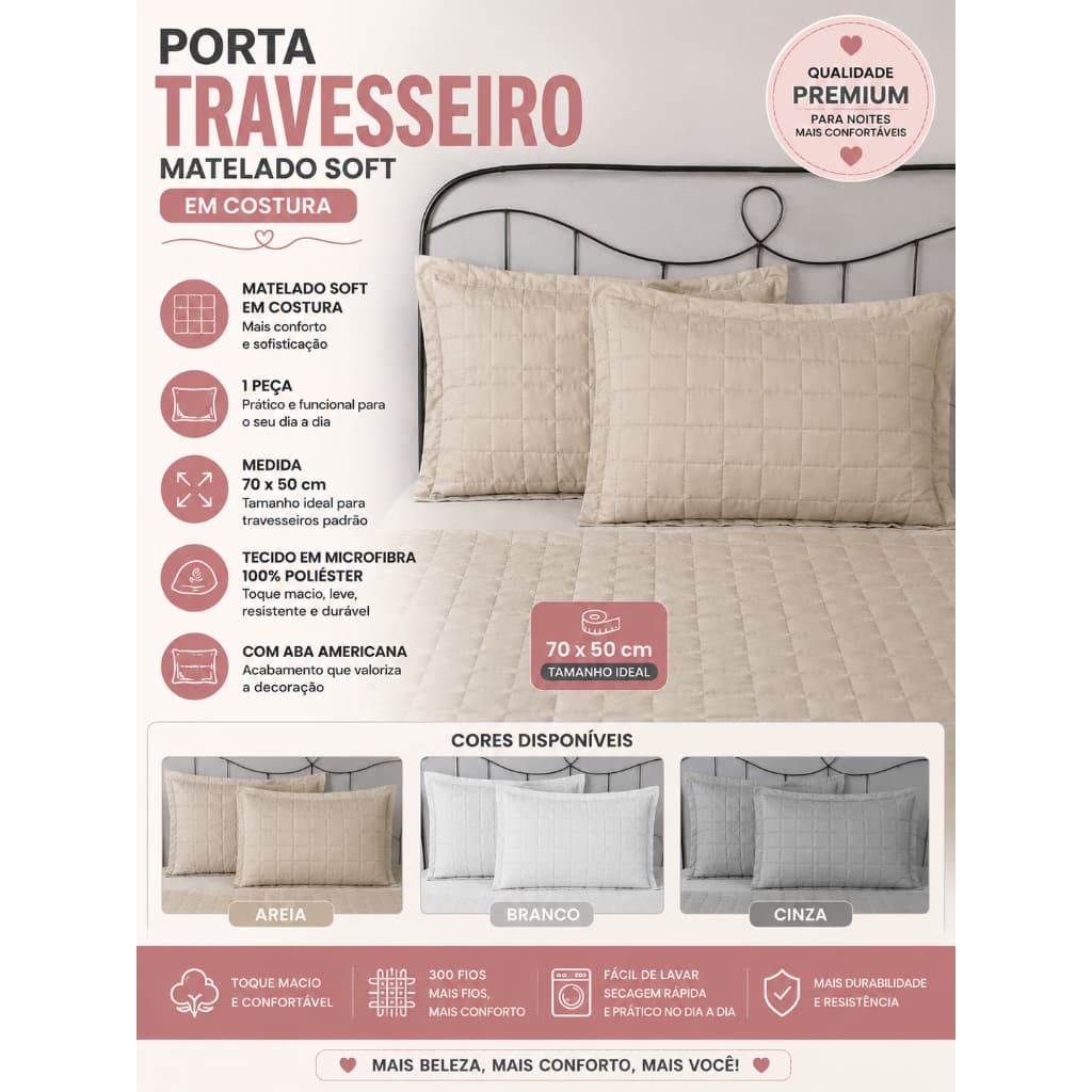 Porta Travesseiro Matelado 1 Peça  70 x 50 cm Fronha Aba Americana Poliéster Toque Macio