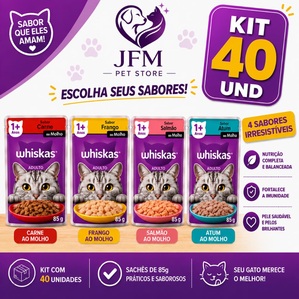 WHISKAS Sachê Gatos Adultos sabor CARNE - FRANGO - SALMAO - ATUM 85g  KIT 40 und