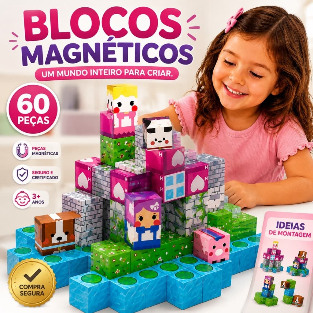 Kit Blocos Magnéticos Infantil 60 Peças Rosa Educativo para Criatividade e Desenvolvimento 🧲🧠🎨👧✨