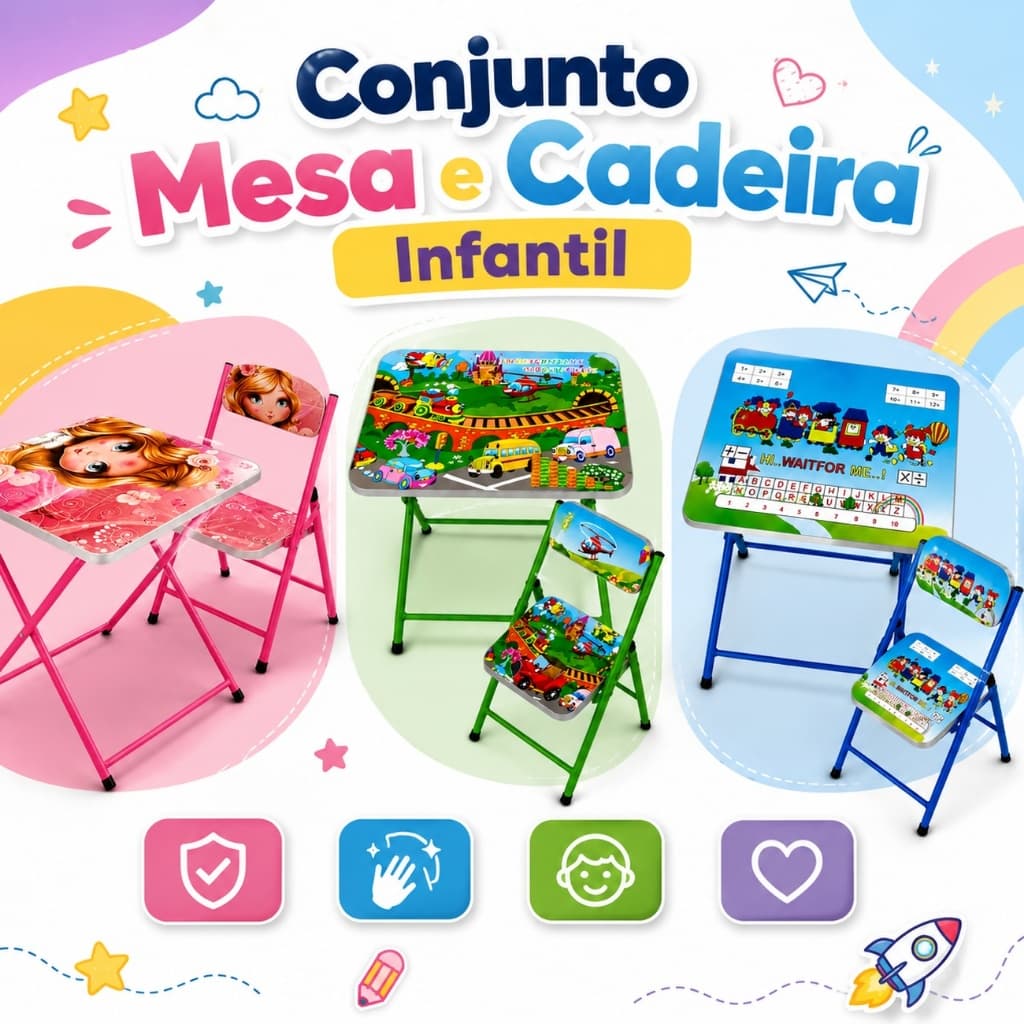 Kit Mesinha E Cadeira Infantil Dobrável Estudar Desenhar Brincar Crianças Para Quarto Casa