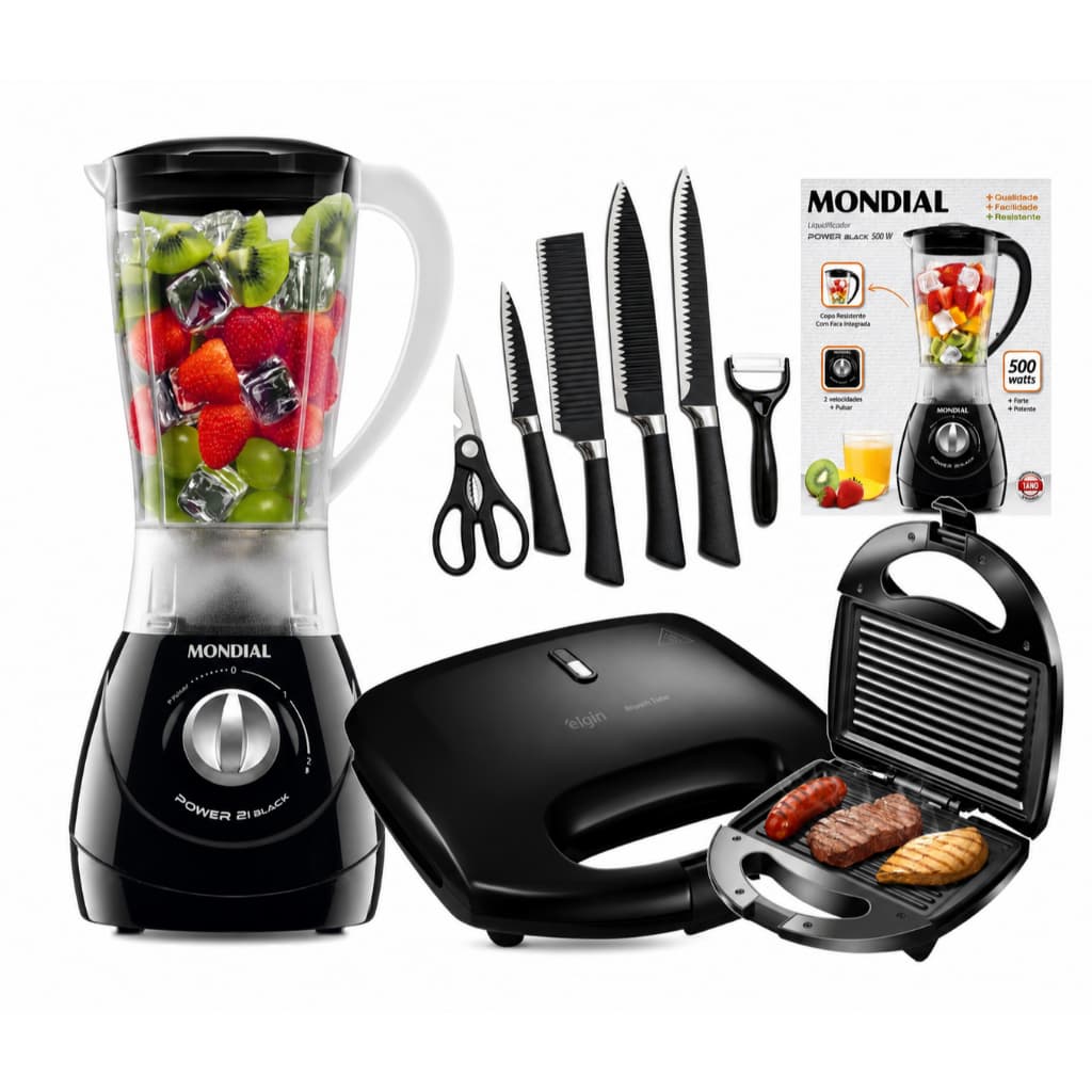 Kit Liquidificador Mondial Turbo + Sanduicheira Eletrica Grill 750w Preta E Facas 220V / 110V