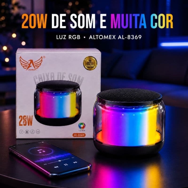 Caixa de Som Bluetooth Altomex AL-8369 20W com Iluminação LED RGB