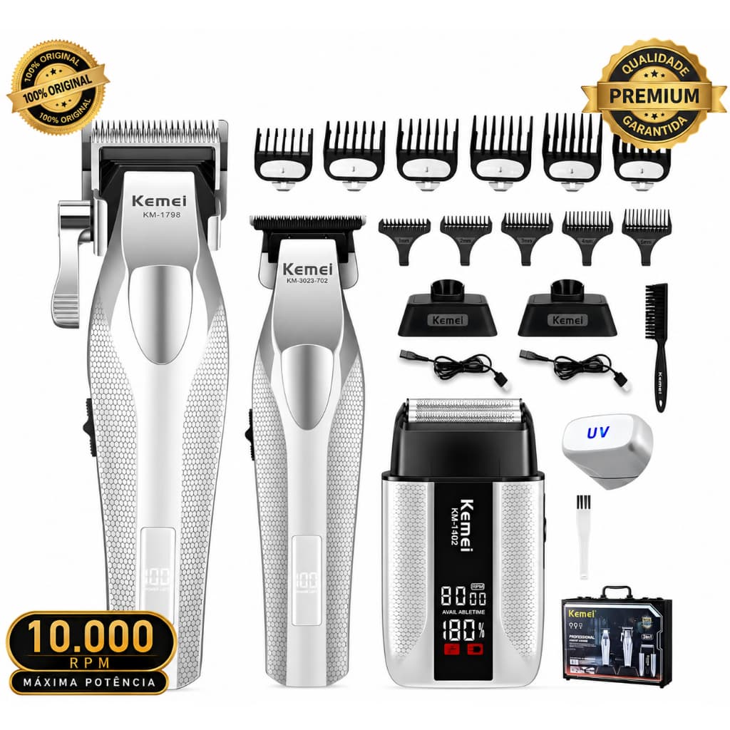 Kit 3 Máquinas Kemei + Maleta + Base carregadora Máquina de Corte km-1798 + Acabamento km-3023-702 Barbeador km-T402 Pro