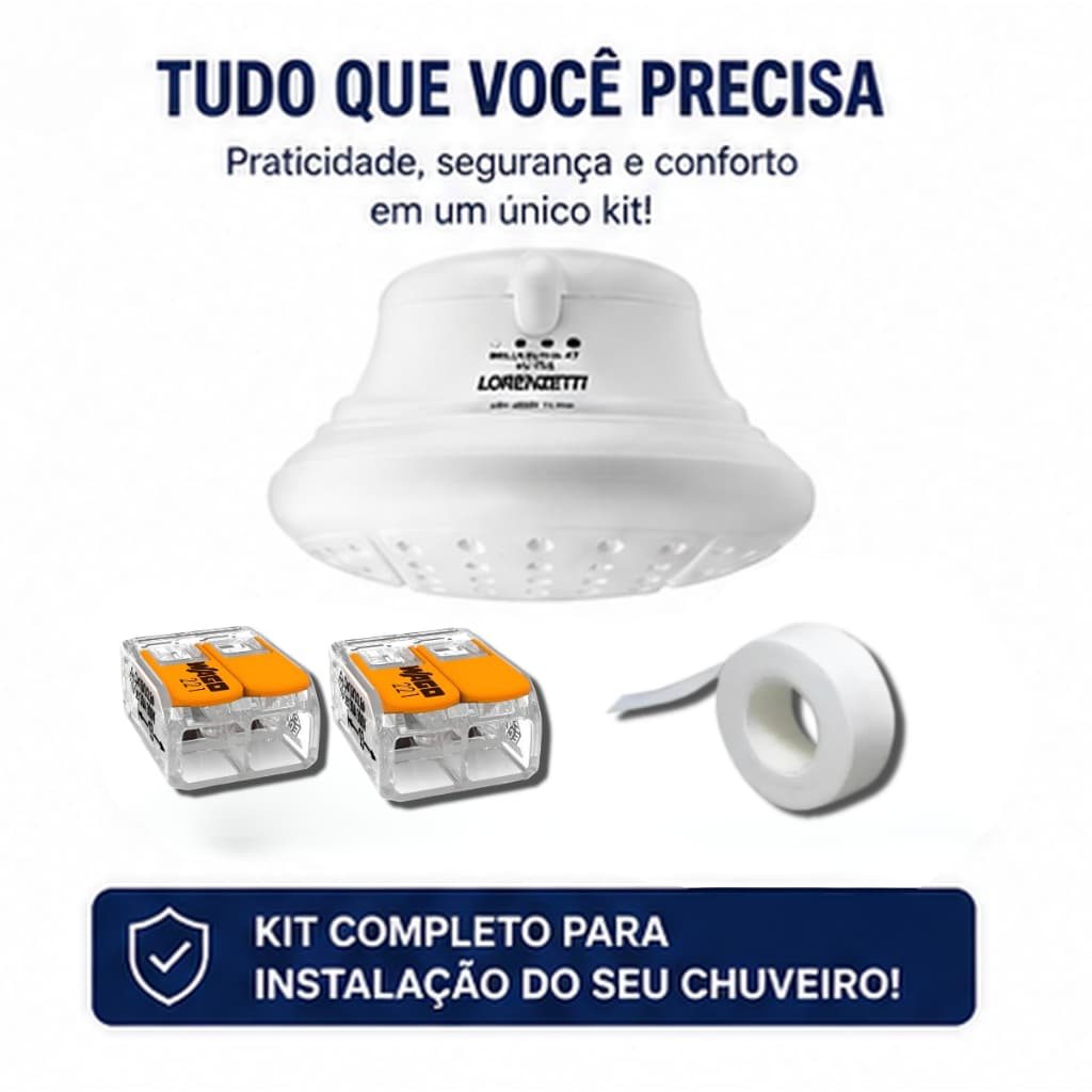 KIT Chuveiro Elétrico Bella Ducha 4T Ultra Lorenzetti 6800W 220V + Kit 2 Conectores Wago 221-612 + Fita Veda Rosca