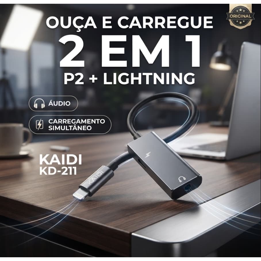 Adaptador Kaidi KD-211 Lightning para P2 e Carregamento iPhone Original 2 em 1