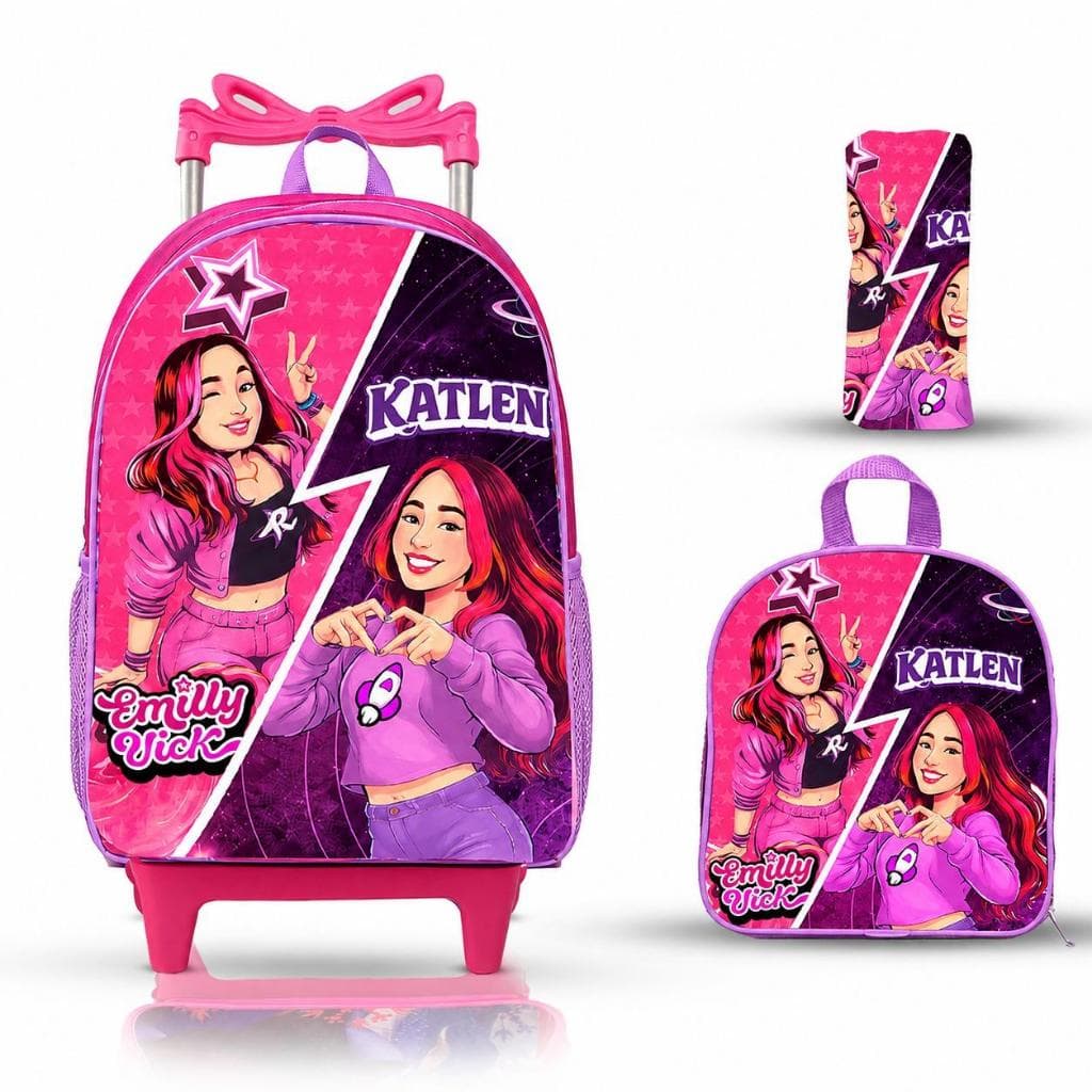 Kit Mochila Escolar Emily Vick Rodinhas-Lancheira-Estojo-Mochila De Costas Menina Reforçada