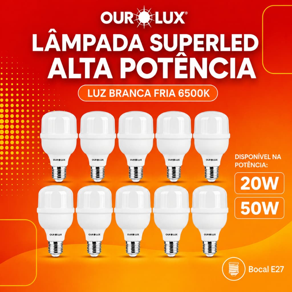 Kit 10 Lâmpadas Superled Alta Potência 20T 20W 50W 6500k Branco frio Ourolux