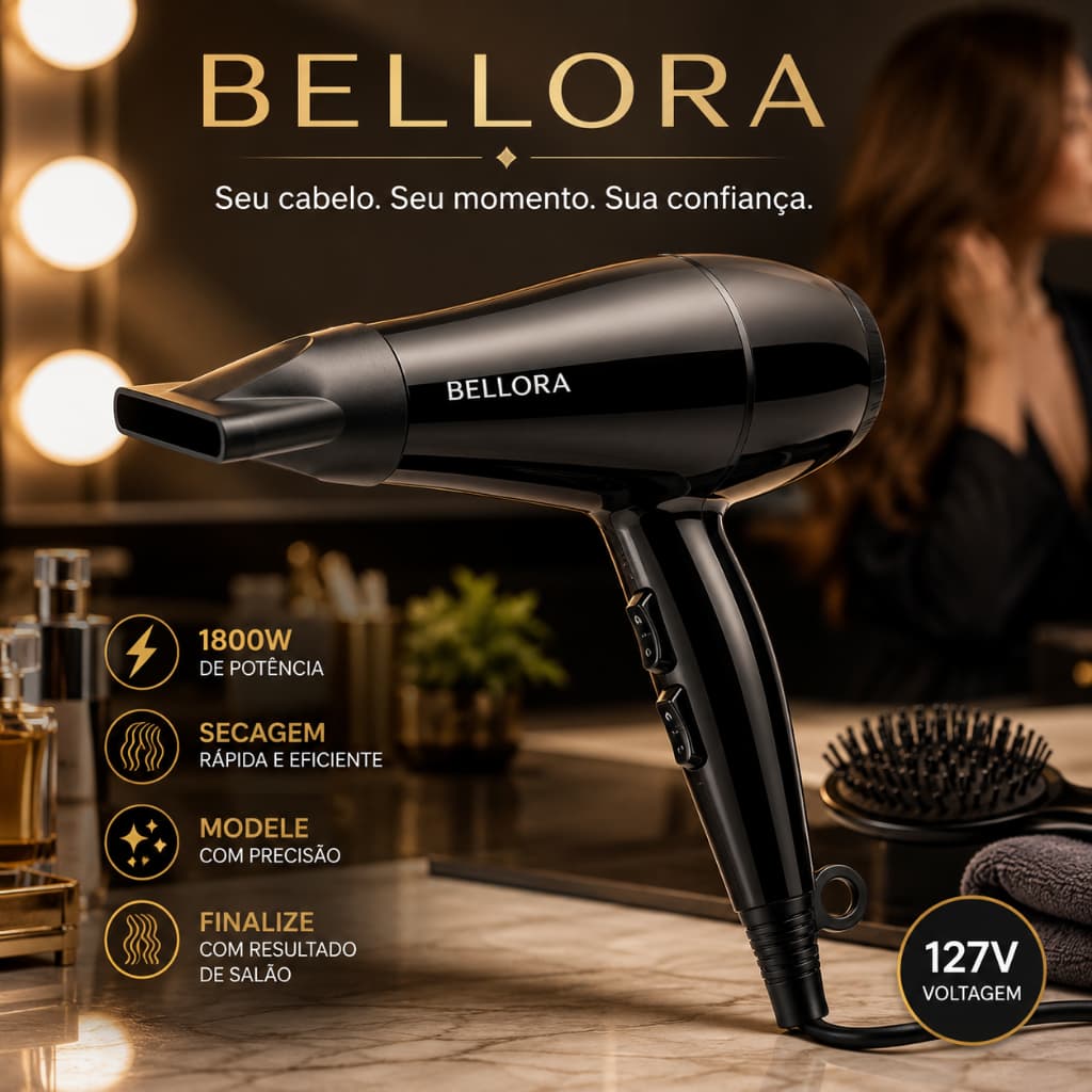 Secador de Cabelo BELLORA Profissional 1800W 127V Preto Potente e Rápido