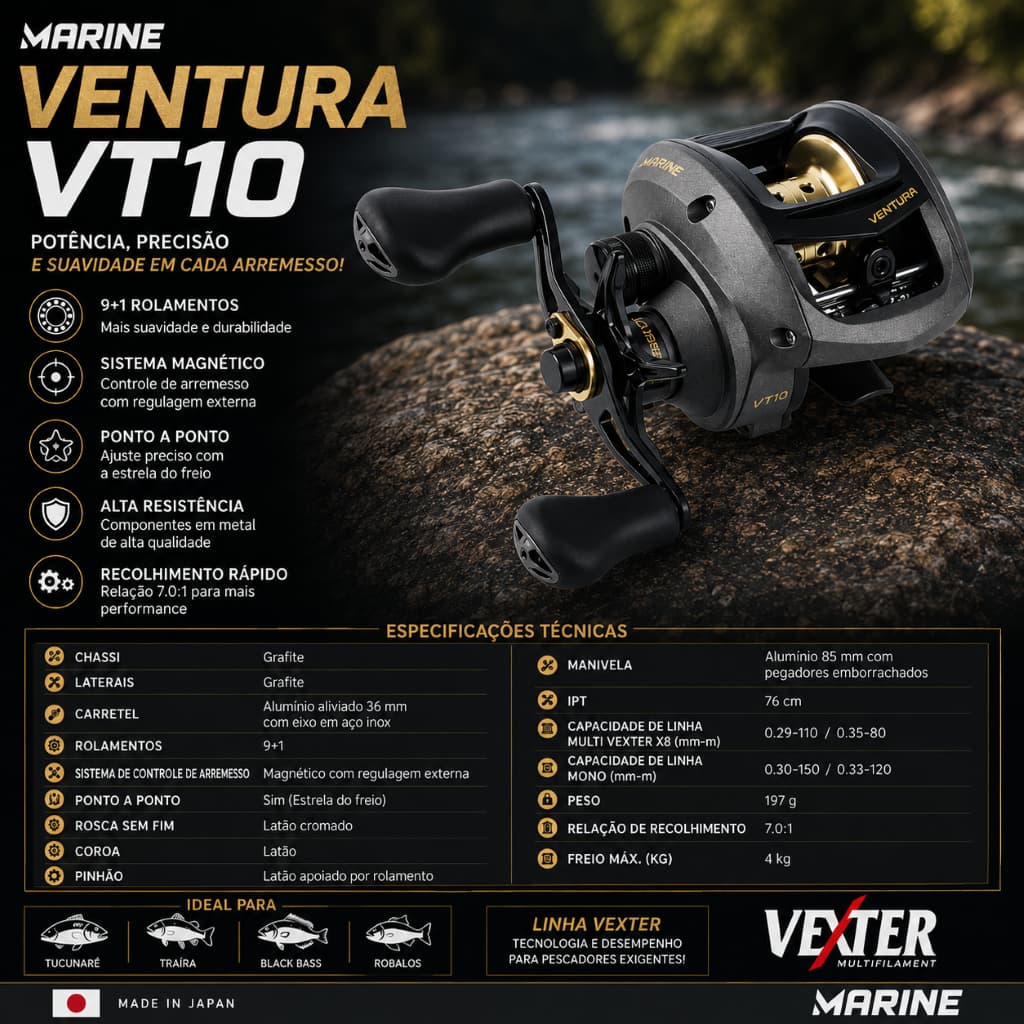 Carretilha De Pesca Marine Sports New Ventura Vt10 - 10 Rol. - Recolhimento 7.0:1