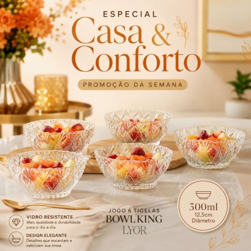 Jogo 6 Tigelas Sobremesa King Lyor Vidro 300ml 12,5cm Bowls Salada Frutas Doces Mesa Posta