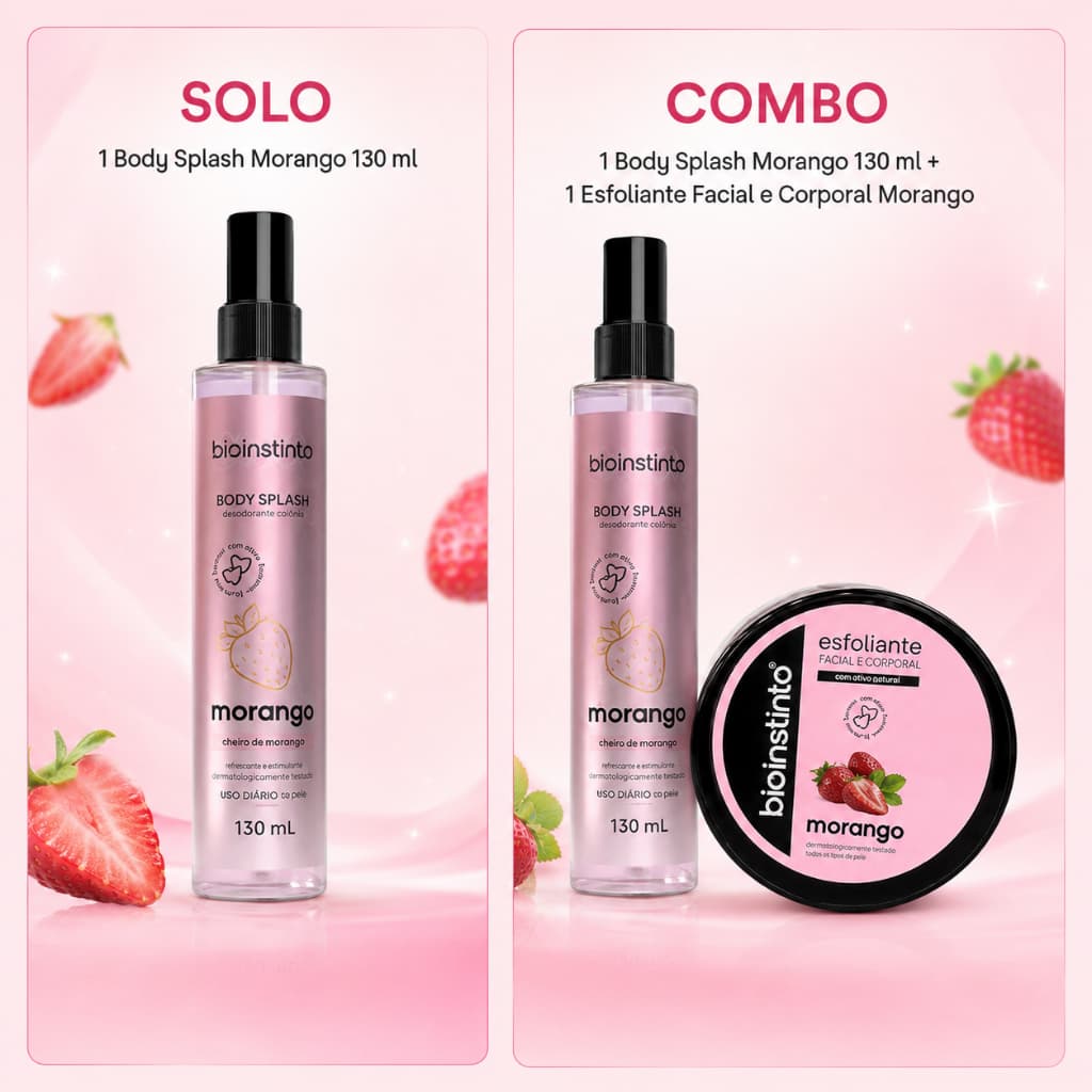 Body Splash Morango Bio Instinto 130 ml – Escolha Solo ou Combo com Esfoliante Corporal