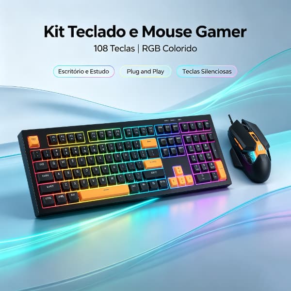 Kit Teclado e Mouse Gamer ABNT2 108 Teclas RGB Colorido Silencioso Plug And Play para PC Notebook Escritório e Estudo