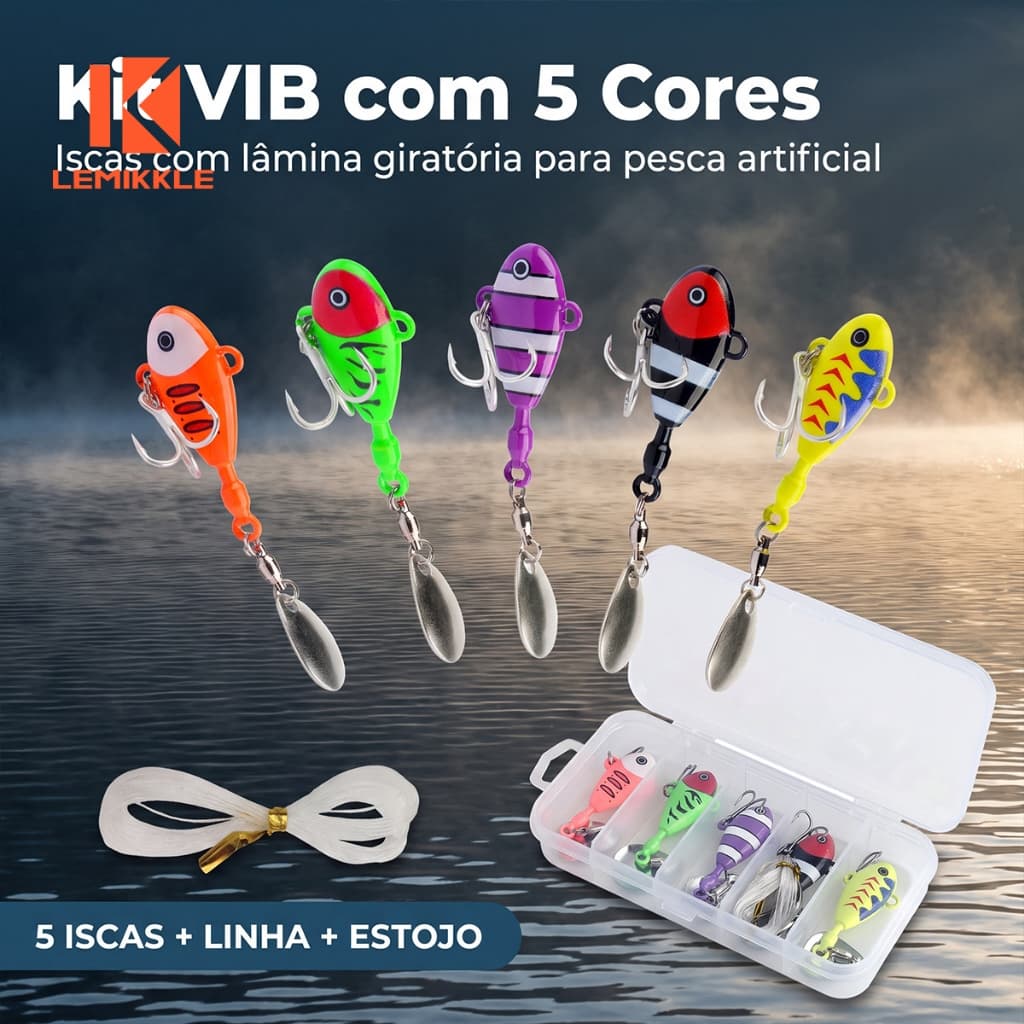 LEMIKKLE - Conjunto 5 Iscas VIB Giratórias 10g, Isca de Pesca com Estojo e Linha Inclusa
