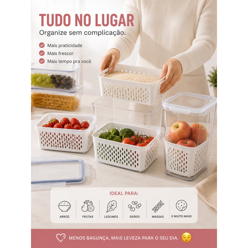 CONJUNTO 3 POTES HERMÉTICOS COM CESTO – BRANCO