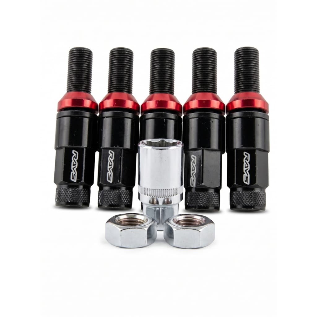 Kit com 20 Parafusos de Roda Estilo RAYS M12x1.25 (Preto e Vermelho) – Conversão e Modificação Esportiva com Chave Soque