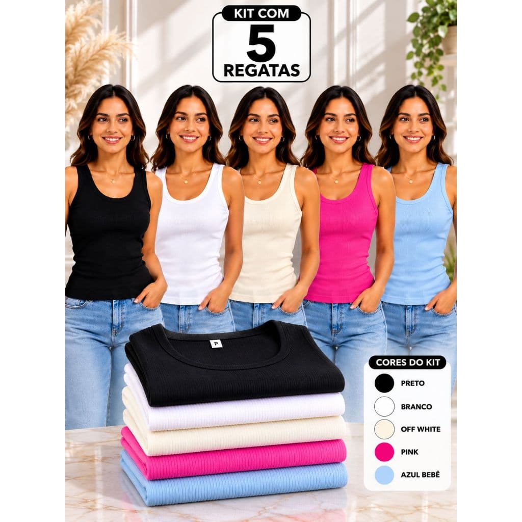 Kit 5 Blusas Regatas Femininas Ribana Canelada Básica com Elastano Casual Confortável 5 Peças