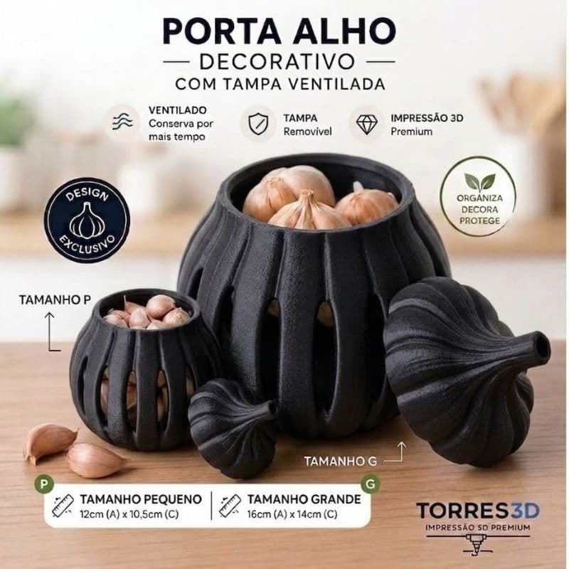 Porta Alho Ventilado com Tampa Removível - Organizador de Cozinha Decorativo 3D - Tamanhos P e G
