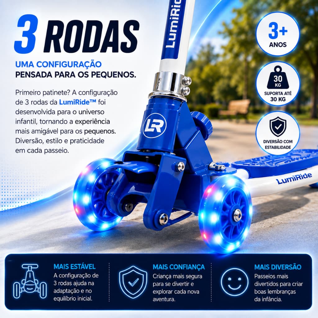 Patinete Infantil 3 Rodas com Luzes LED Guidão Ajustável Dobrável para Crianças +3 Anos Azul LumiRide™