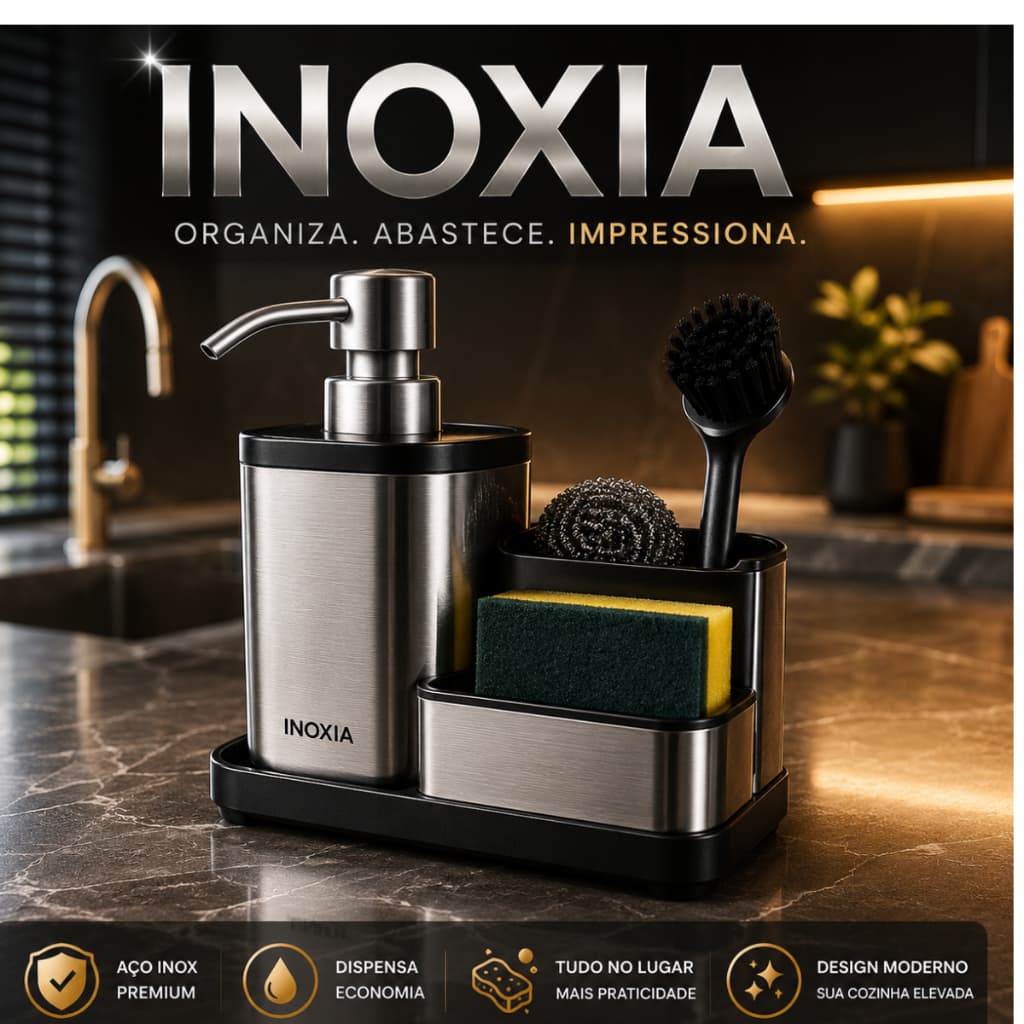 Dispenser Sabao Liquido INOXIA Com Suporte Acessorios Cozinha Organizador Aco Inox