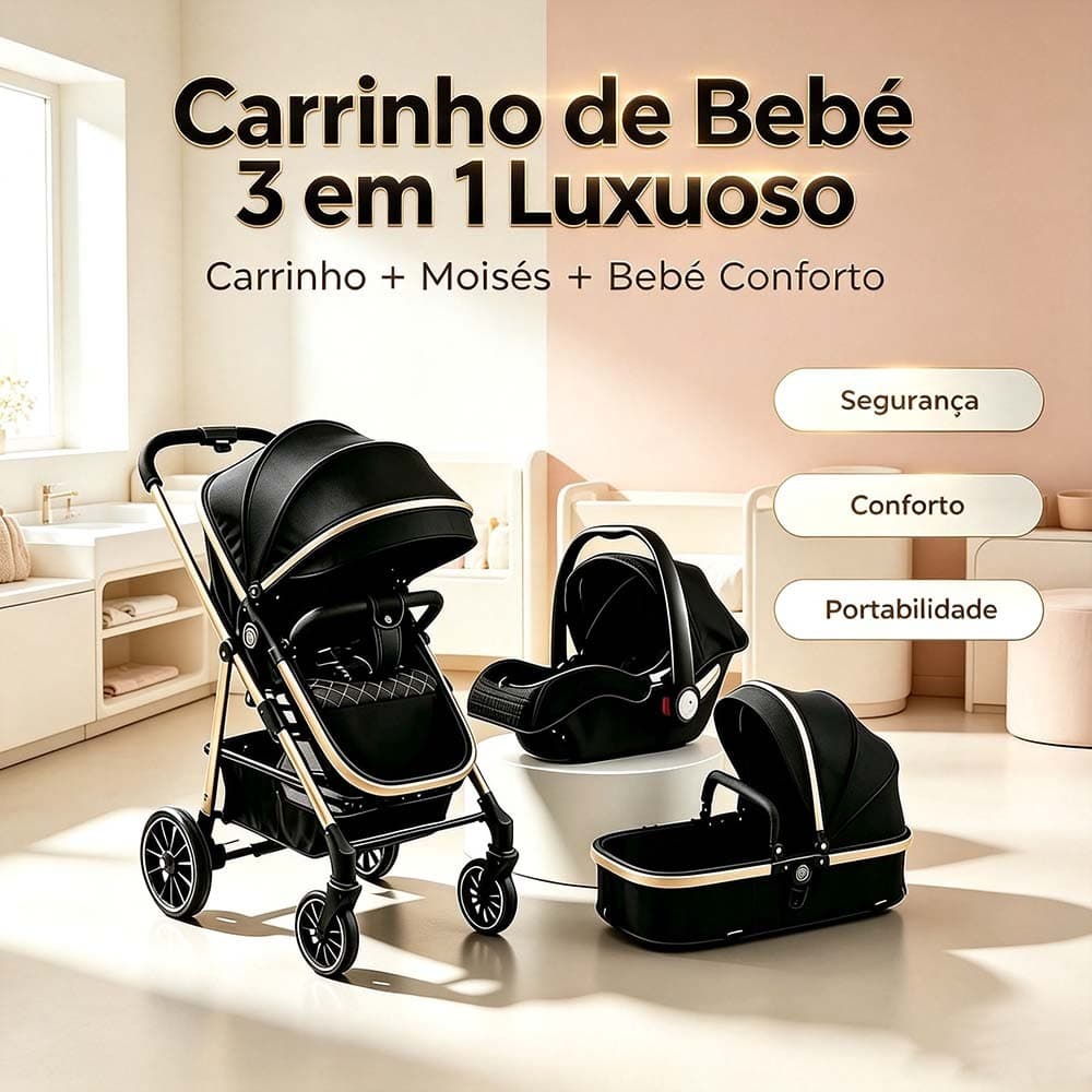 Carrinho de Bebê Luxuoso 3 em 1 com Moisés e Bebê Conforto – Seguro e Confortável, O Preferido das Mamães！