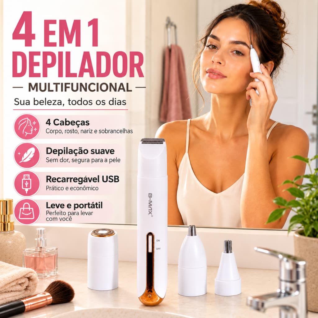 Aparador elétrico feminino portátil recarregável 4 em 1 para corpo, nariz e sobrancelhas Glow & Go