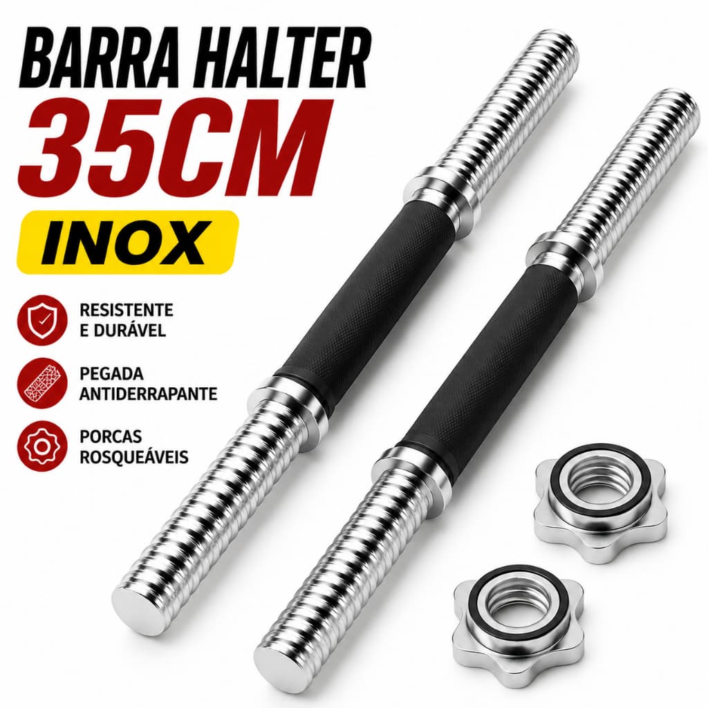 2u Barra Halter 35cm De Inox Com Rosca Sem Anilha Antiderrapante Rosca Direta Maciça Biceps Supino Agachamento Crucifixo