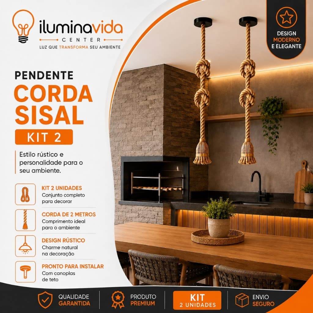 Kit 2 Pendentes Corda Sisal 2 Metros E27 Rústico Decorativo Luminária Vintage Boho Industrial