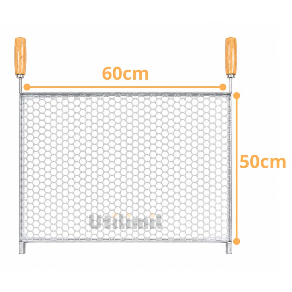 Grelha 60x50 Tela Moeda Galvanizada Cabo De Madeira Ideal Para Churrasco Resistente