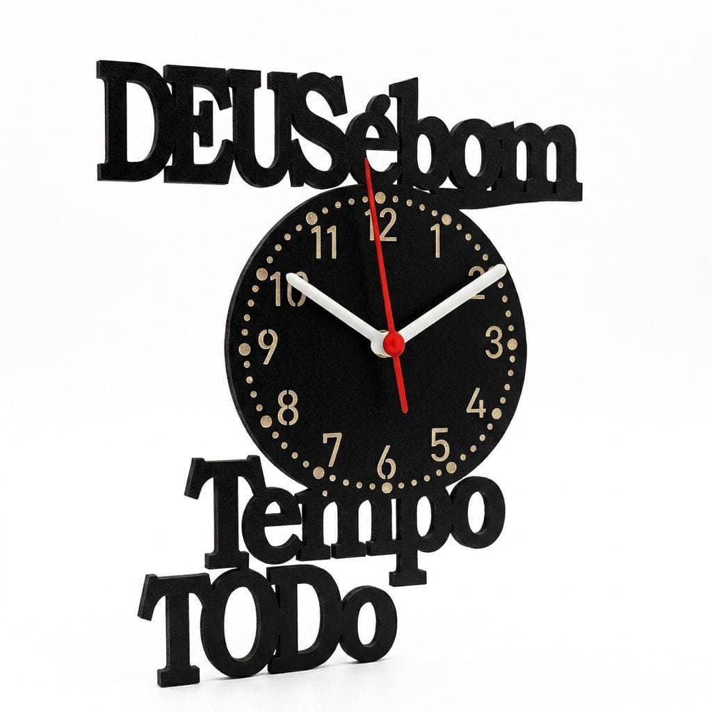 Relógio de Parede em Mdf Preto com Frase Deus É Bom o Tempo Todo Para Casa e Decoração