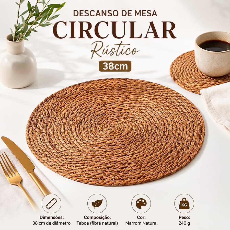 Kit Jogo Americano Descanso de Mesa Circular Rústico Taboa Madeira Natural Protetor 38cm