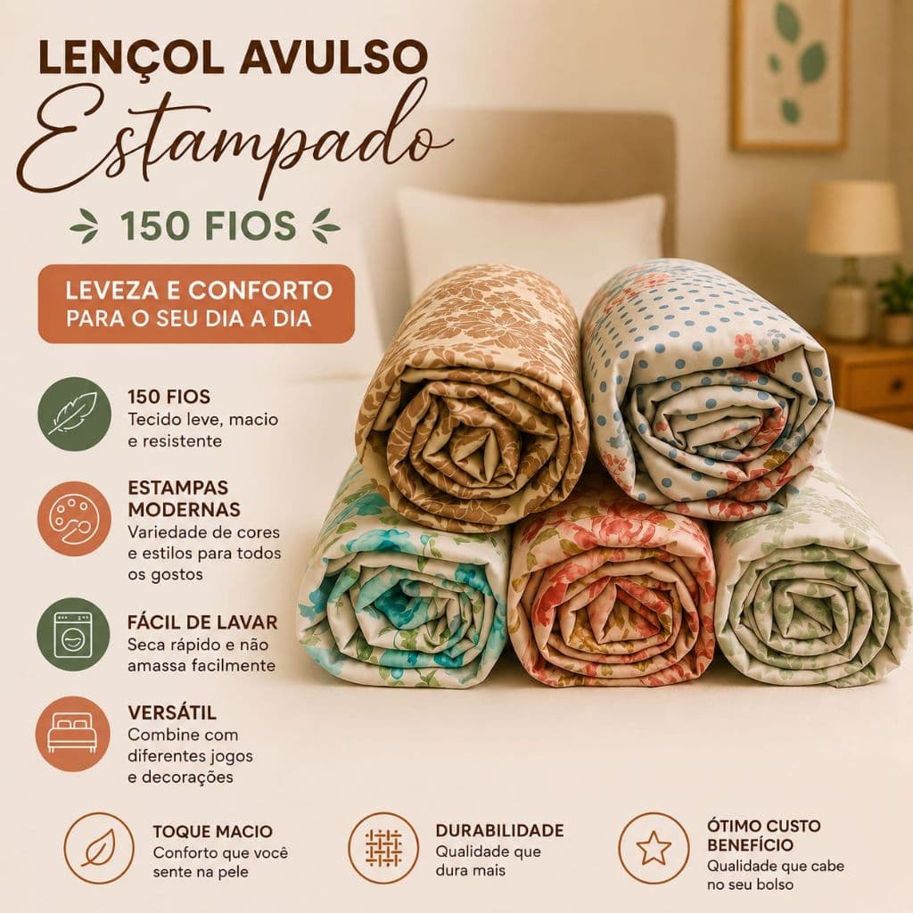 Kit Lençol Solteiro Avulso Estampado Com Elástico Em Toda Volta