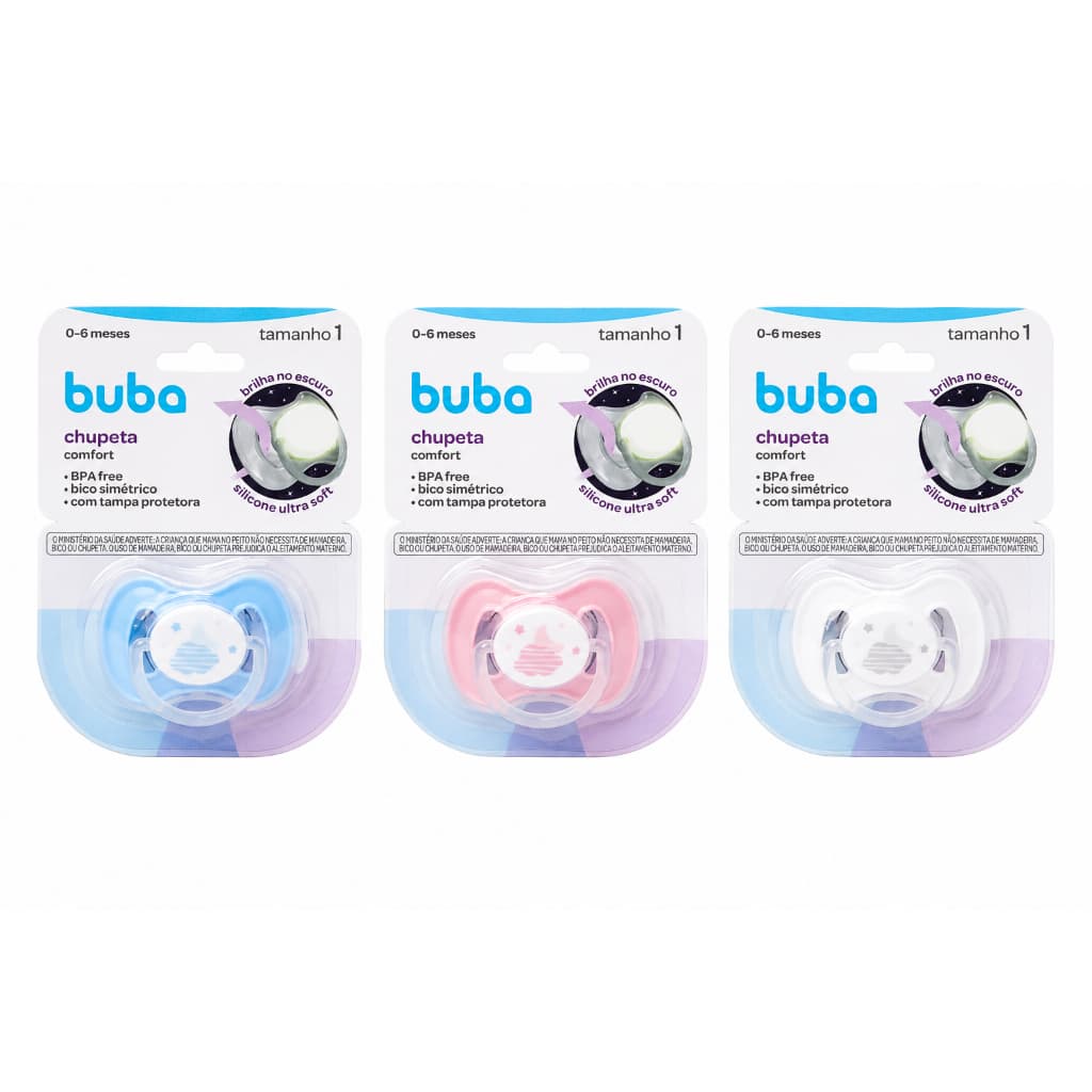 Chupeta Bebe Buba Bico Simétrico Anticolica Estampa nuvem com Tampa Protetora Brilha no Escuro 0 a 6 ou 6+ meses