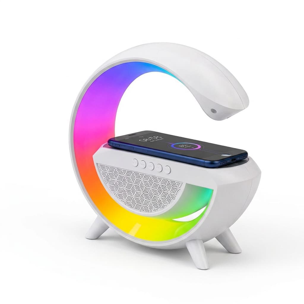 Caixa de Som Portatil Bluetooth USB Carregador Indução LED Branco Radio FM Relogio Despertador