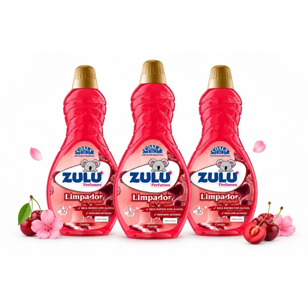 Kit 3 Limpador Perfumado Zulu Coala Cereja 1L – Perfume Intenso, Limpeza e Secagem Rápida