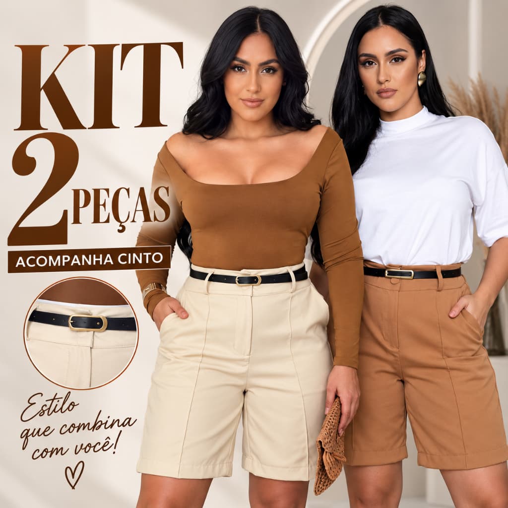 Kit 2 Short Bermudas Feminina Alfaiataria Social FORMA GRANDE ACOMPANHA CINTO