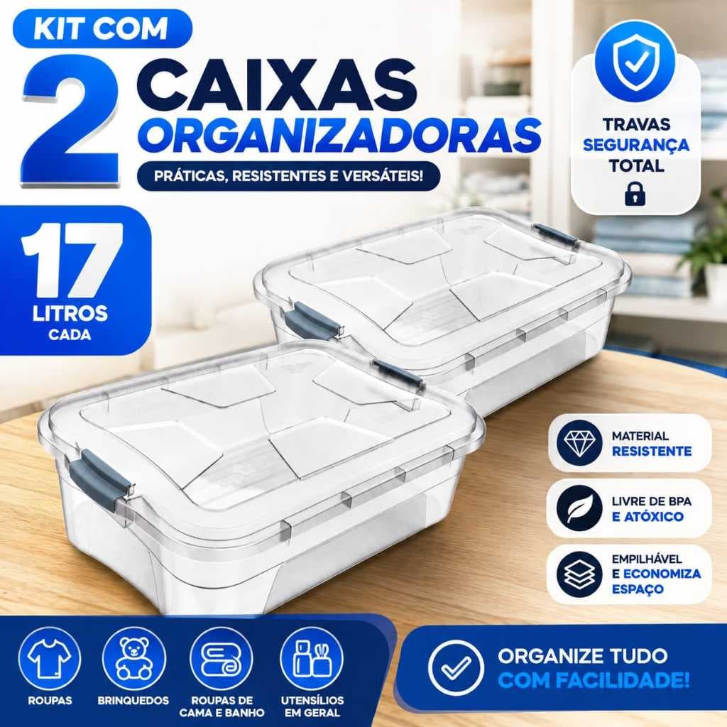 Kit Com 2 Organizador Caixa Organizadora Com Tampa 17 Litros Travas Seguras Caixa Organizadora