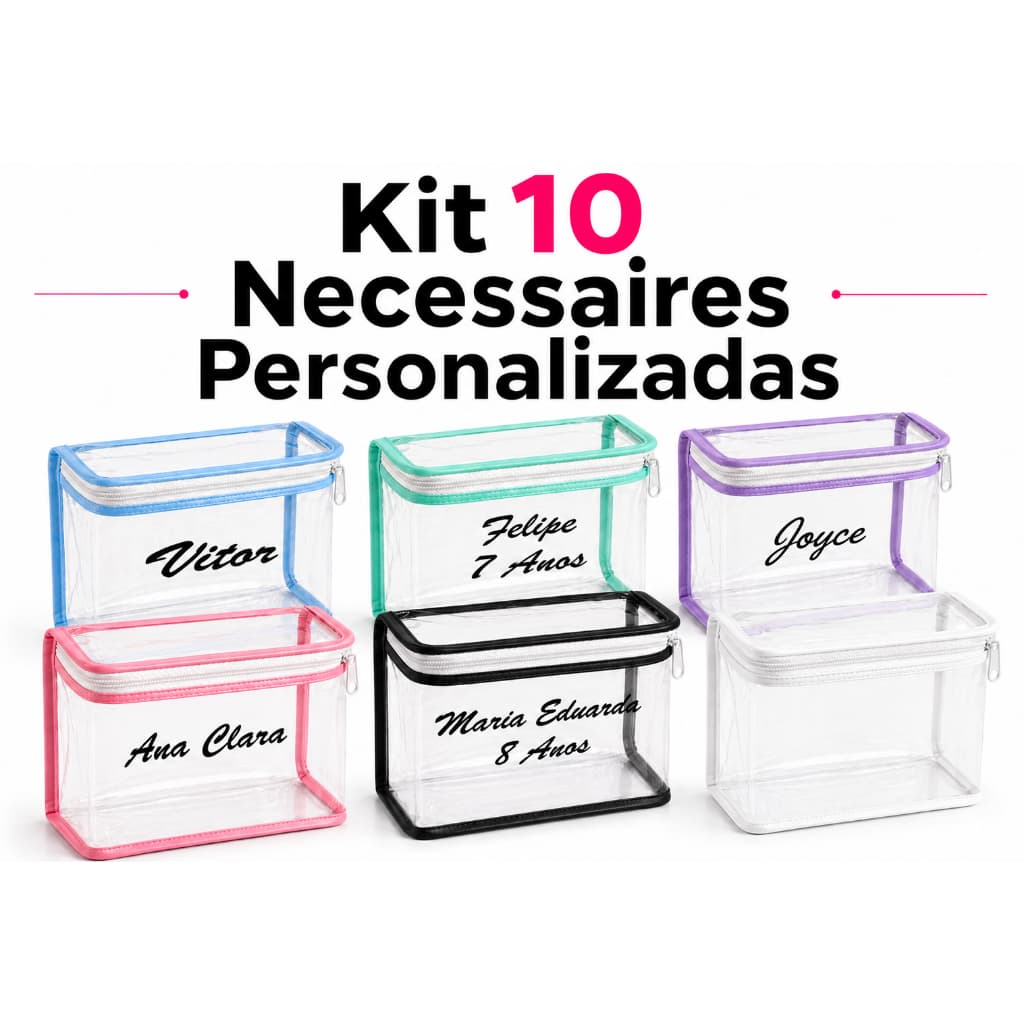 Kit 10 Necessaires Transparentes Personalizadas com Zíper | Organizadores Maquiagem kit festa  e Dia a Dia