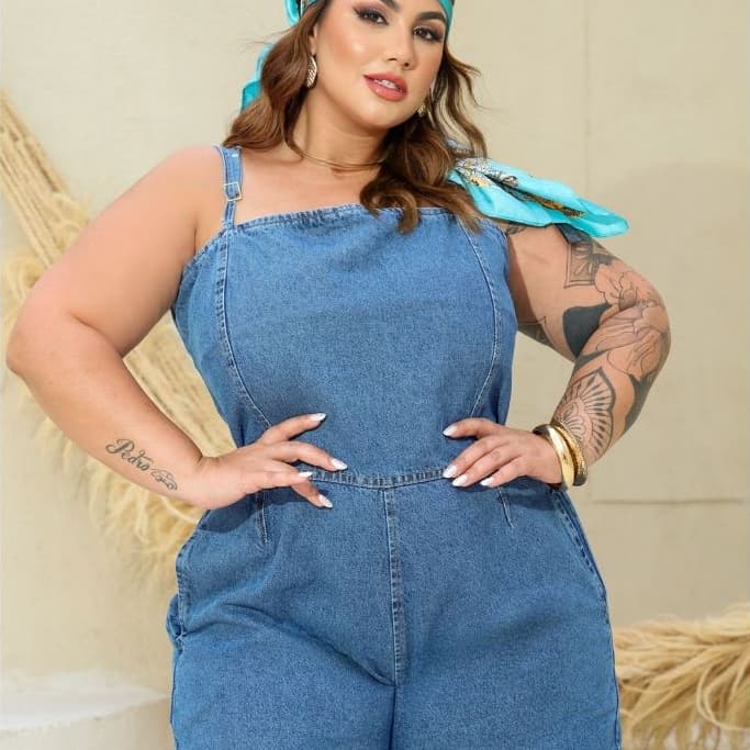 Macaquinho Short Jeans Plus Size 46 ao 54 Sem Lycra Calce Perfeito