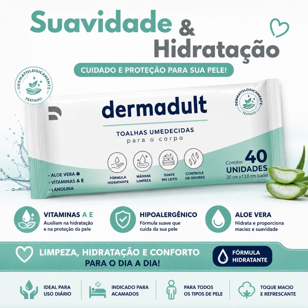 Lenço Umedecido Dermadult Corpo 40un Higiene Adulto Banho de Leito Hidratação Pantenol Frescor Prolongado