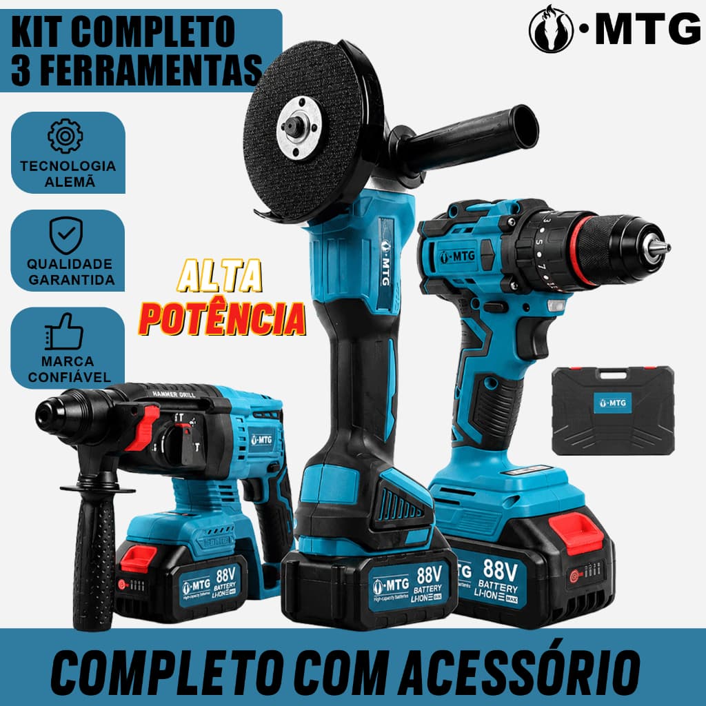 Kit 3 em 1 88V MTG Furadeira Parafusadeira + Martelete + Esmerilhadeira, 3 Baterias e Maleta