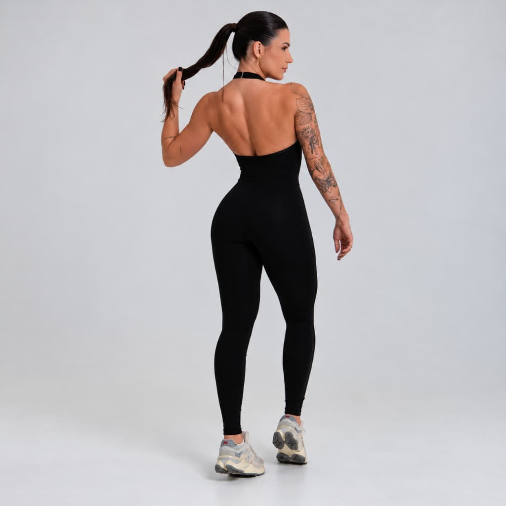 Macacão Longo Fitness Feminino Costas Abertas Zero Transparência Suplex Premium Preto
