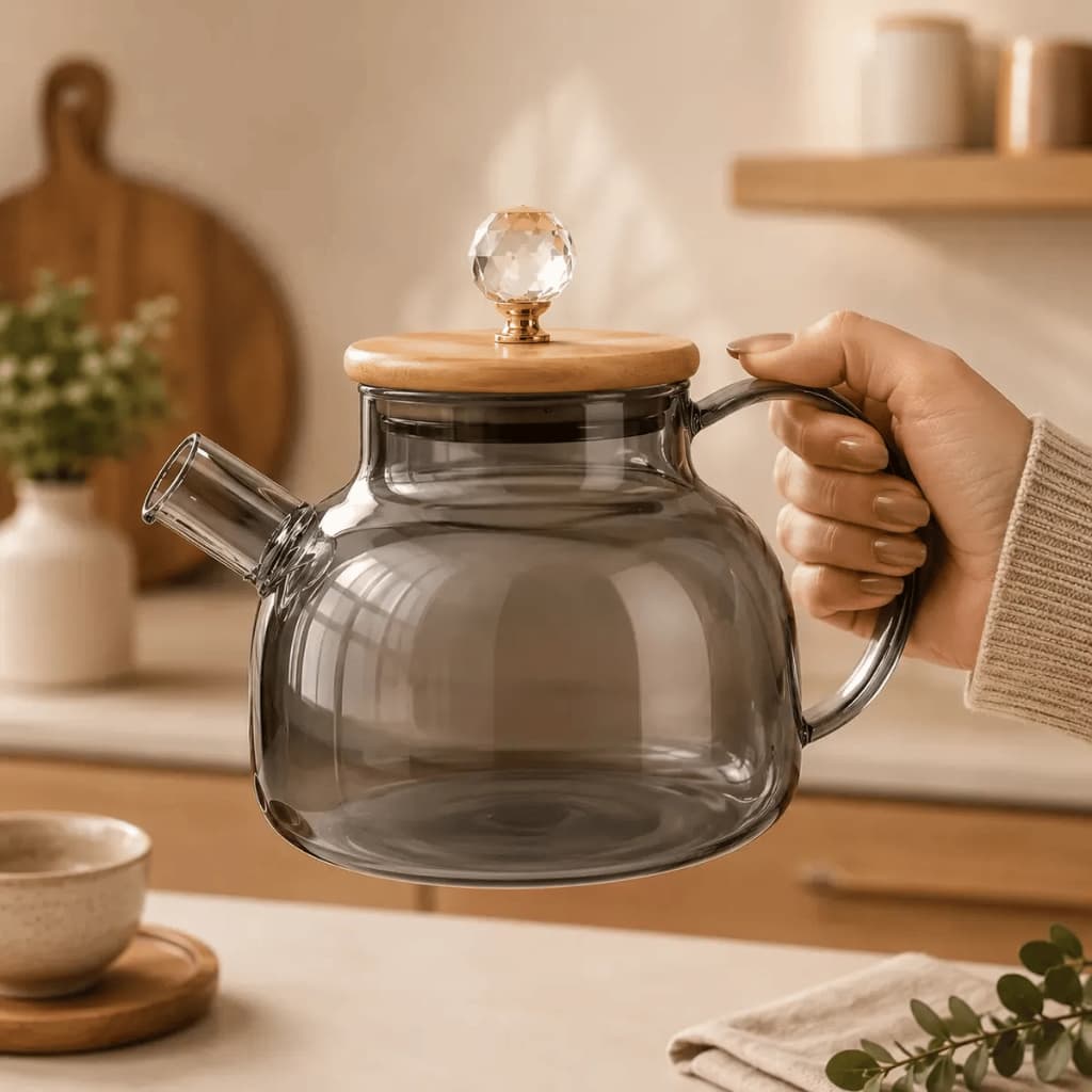 Chaleira de Vidro com Tampa Bambu Premium Borossilicato 1,8L Bule Café Chá