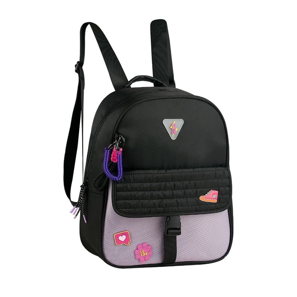 Mochila Luluca LuLike Escolar Juvenil Feminina Nylon Preta Roxa Clio