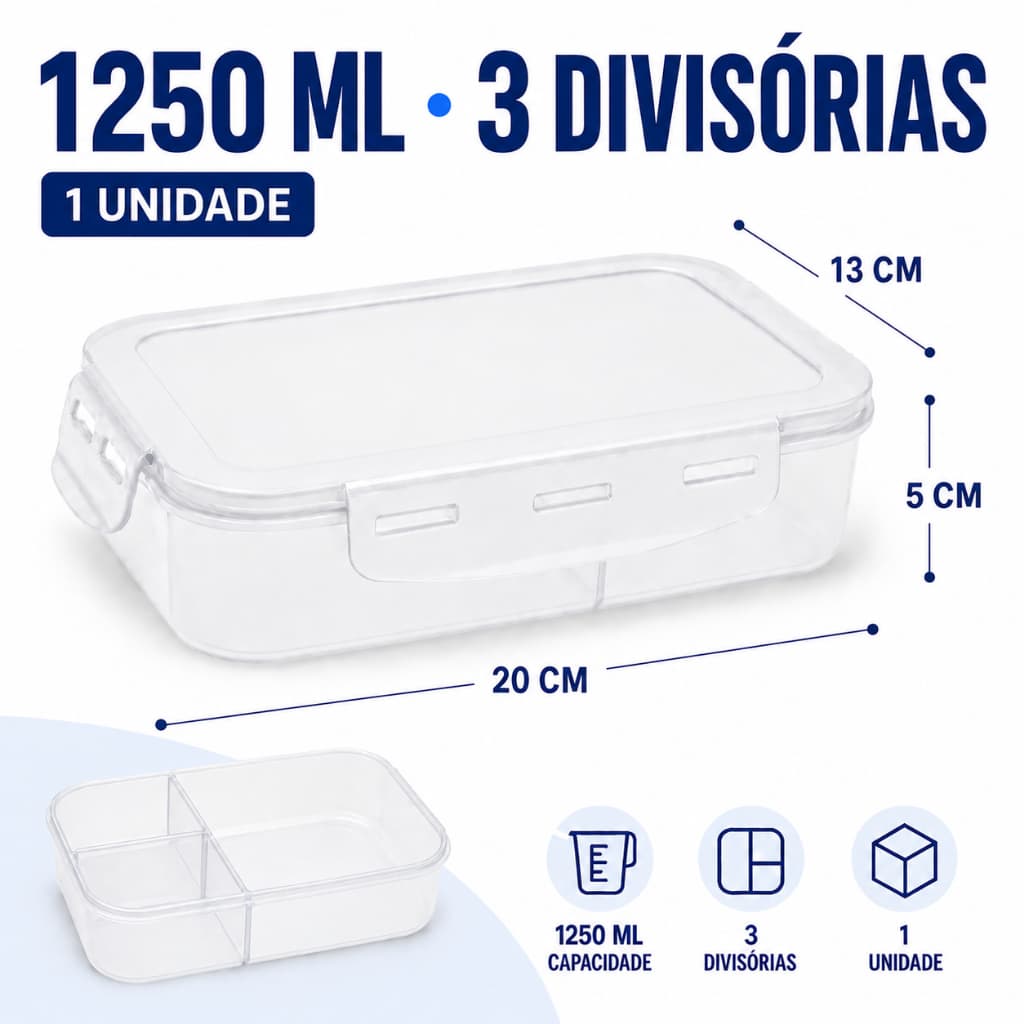 Marmita Hermética Transparente 1250ml 3 Divisórias BPA Free Reutilizavel Freezer Microondas Lava Louças