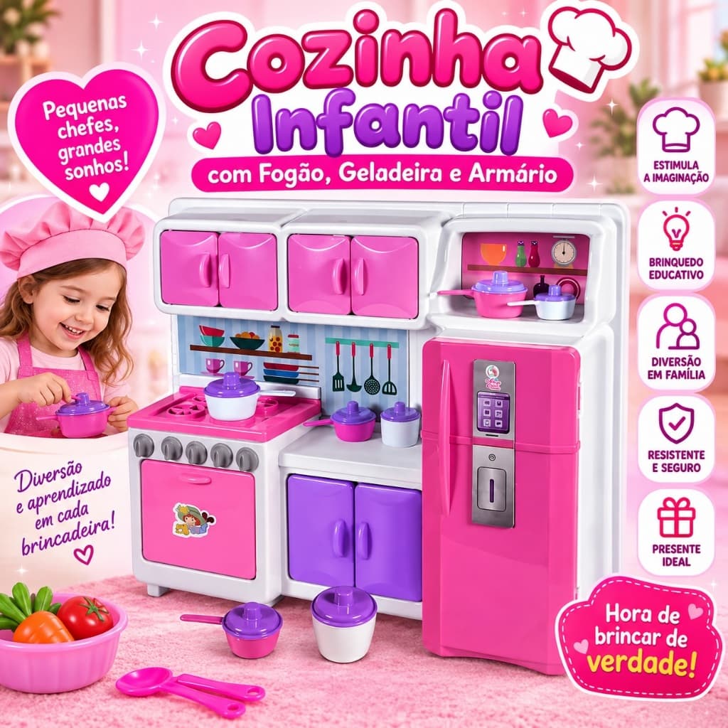 Cozinha Infantil Compacta com Fogão, Geladeira e Armário Brinquedo Educativo para Crianças Faz de Conta