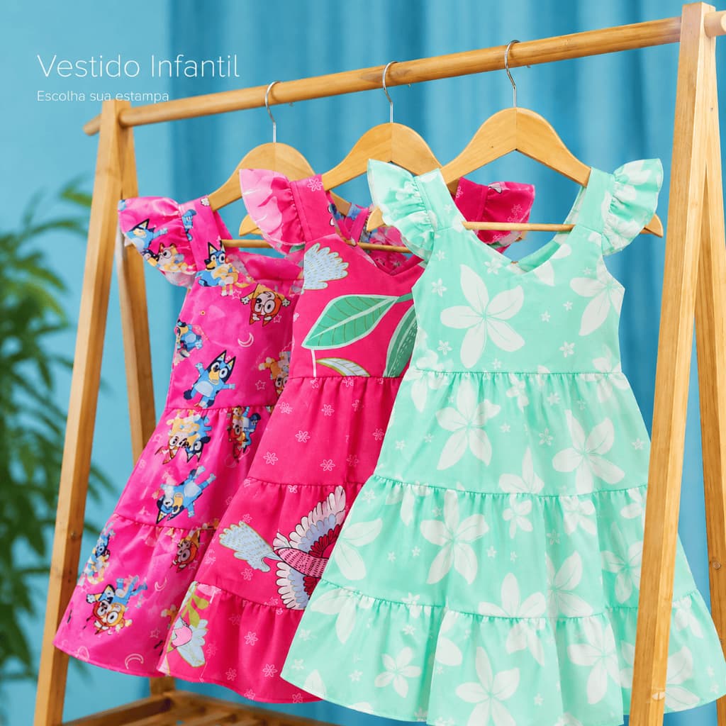 Vestido Infantil Menina com Babados e Laços nas Costas Estampado Verão Festa Casual Tamanhos 2 ao 10