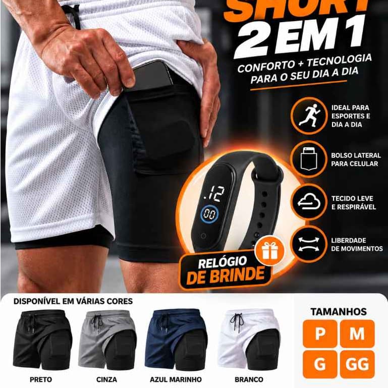 Short Masculino Dry Fit Short 2 Em 1 Bermuda Para Academia Short Esportivo Masculino Brinde Um Relógio