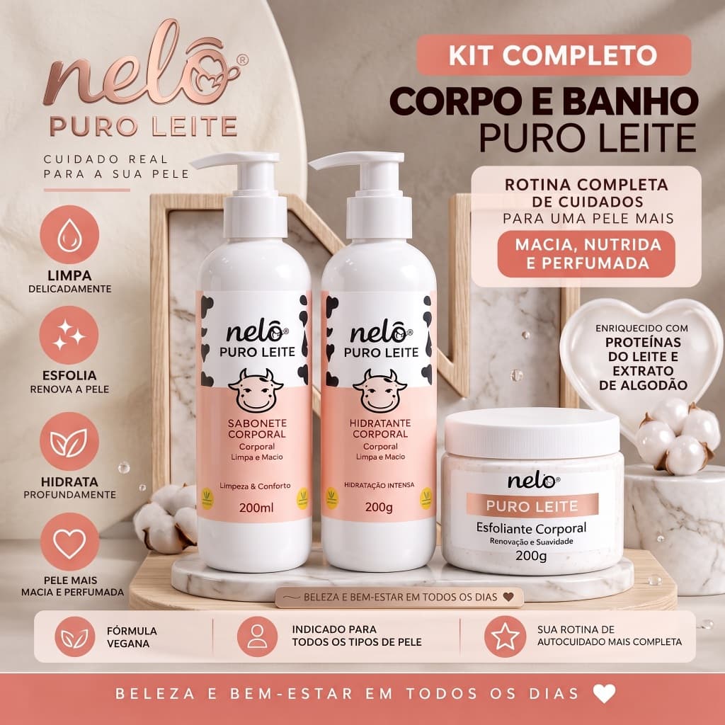Kit Puro Leite Nelo Corpo e Banho Sabonete Hidratante Esfoliante Corporal Vegano