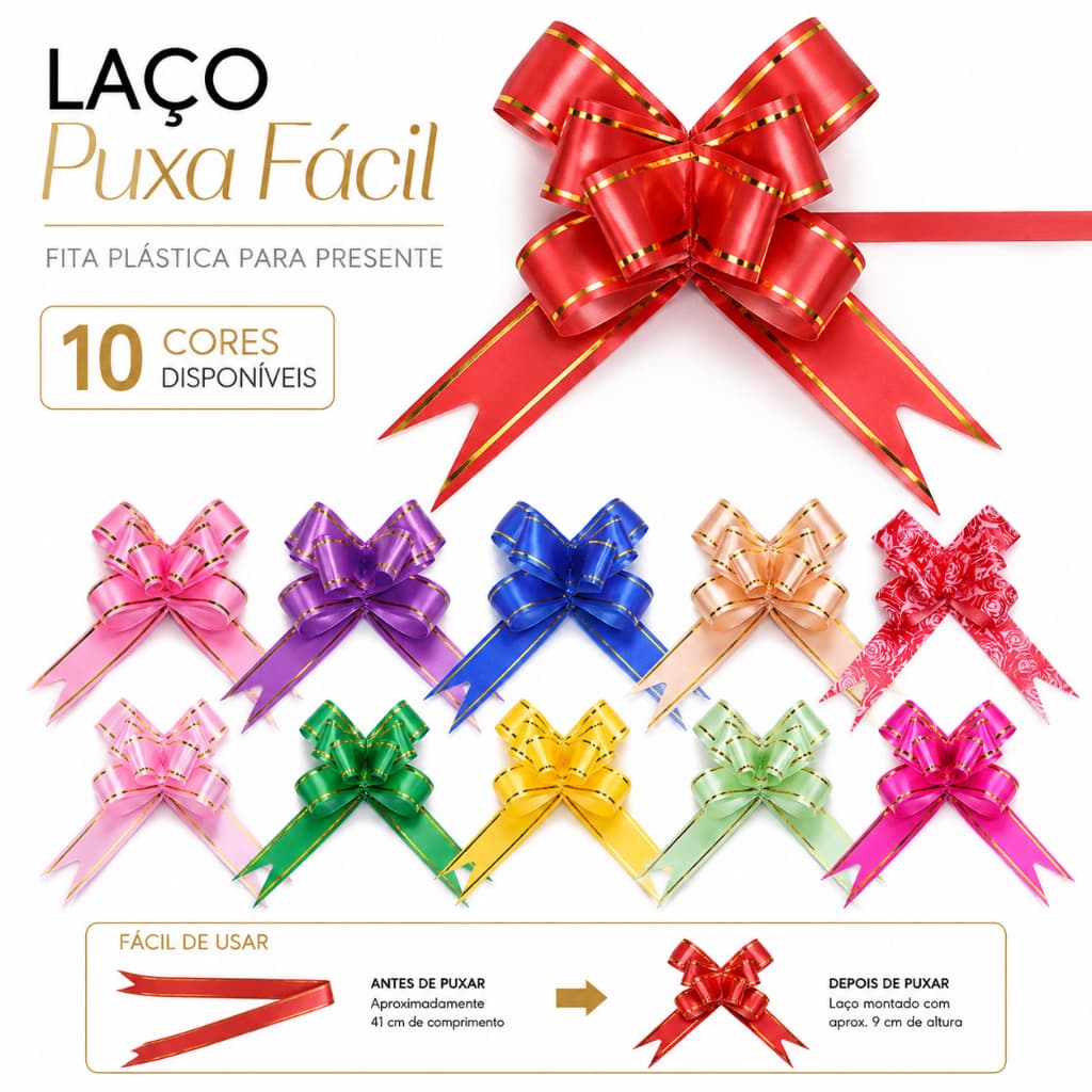 Kit 100 Laços Fácil Mágico para Presente 10 Cores, Fita Puxa Fácil para Embalagem, Festa e Lembrancinha