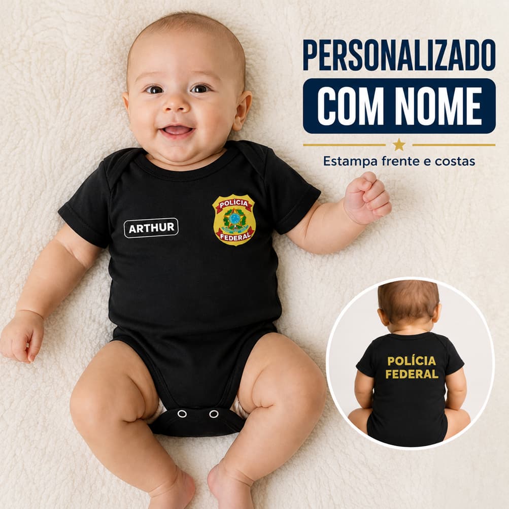 Body Bebê Polícia Federal Personalizado com Nome Profissão Policial Infantil